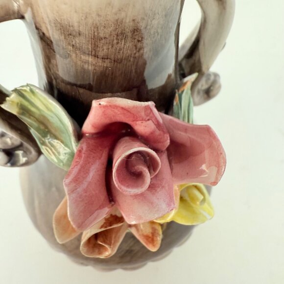 Capodimonte Bud Vase VTG Italian Dual Handles Flared Rim Applied Roses Floral - Picture 12 of 16